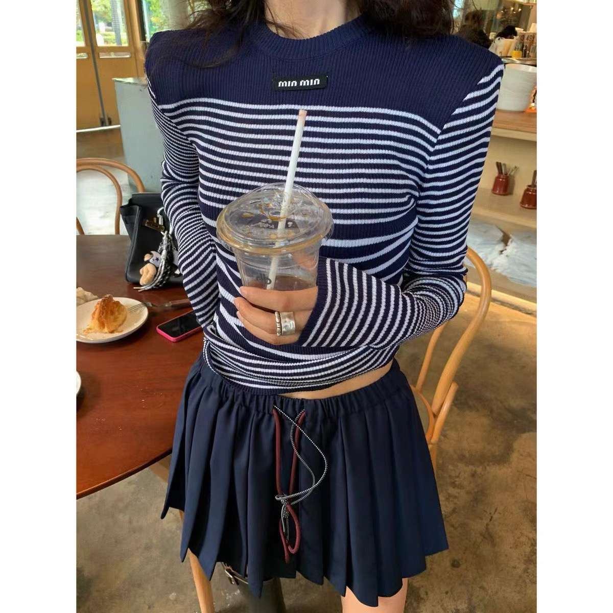 ボーダーストライプ柄リブニットトップス ボーダー服