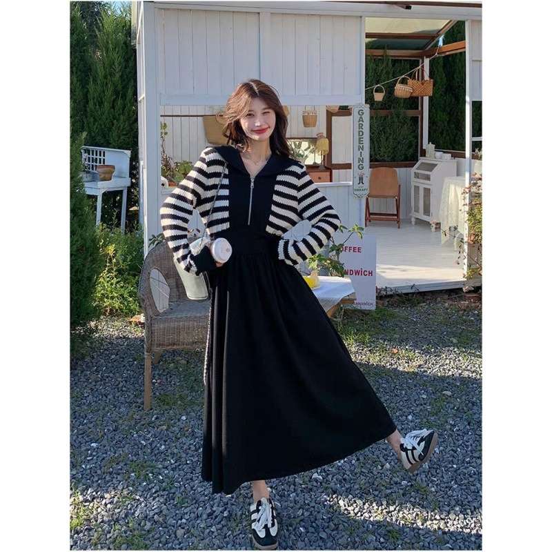 ボーダーニット長袖ジッパーワンピース ボーダー服