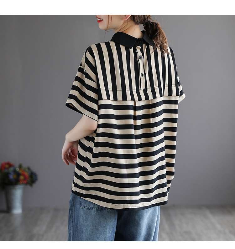 オーバーサイズポロカラーボーダートップス ボーダー服