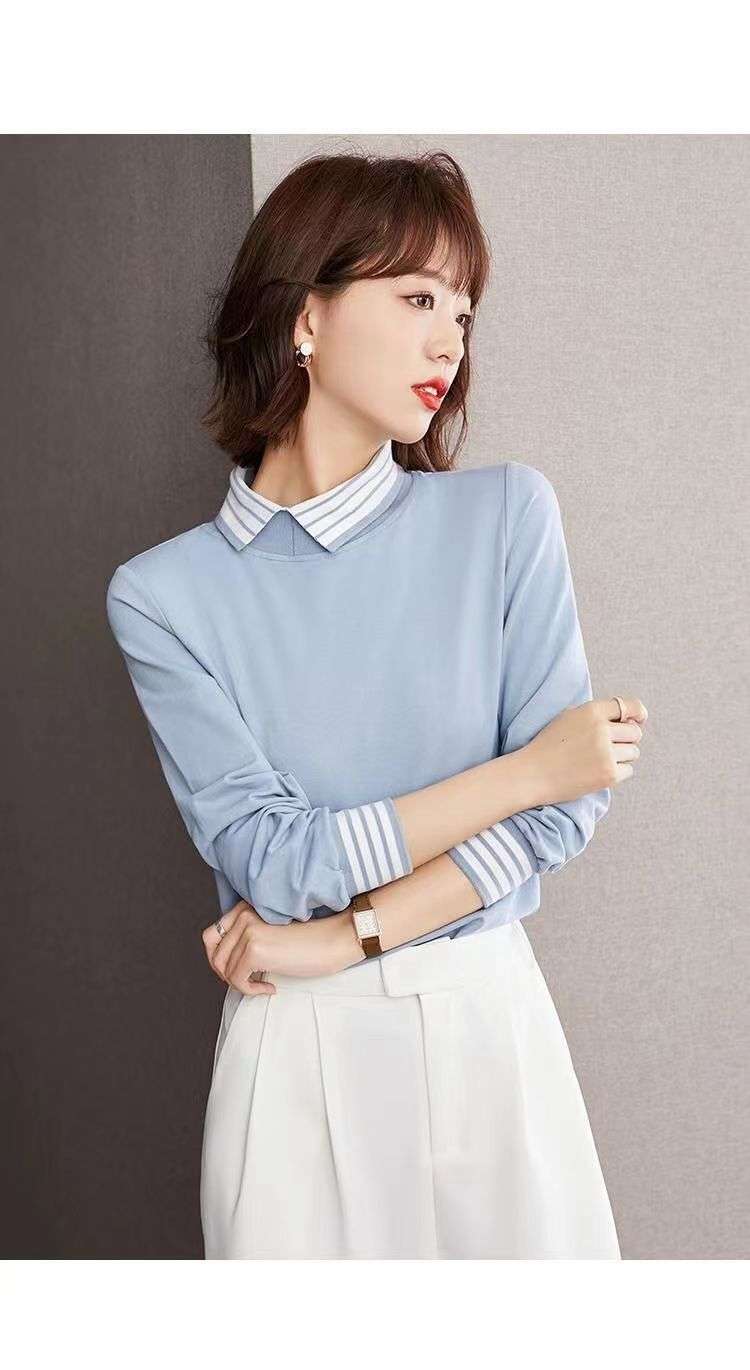 モダンストライプ襟デザイン長袖トップス ボーダー服