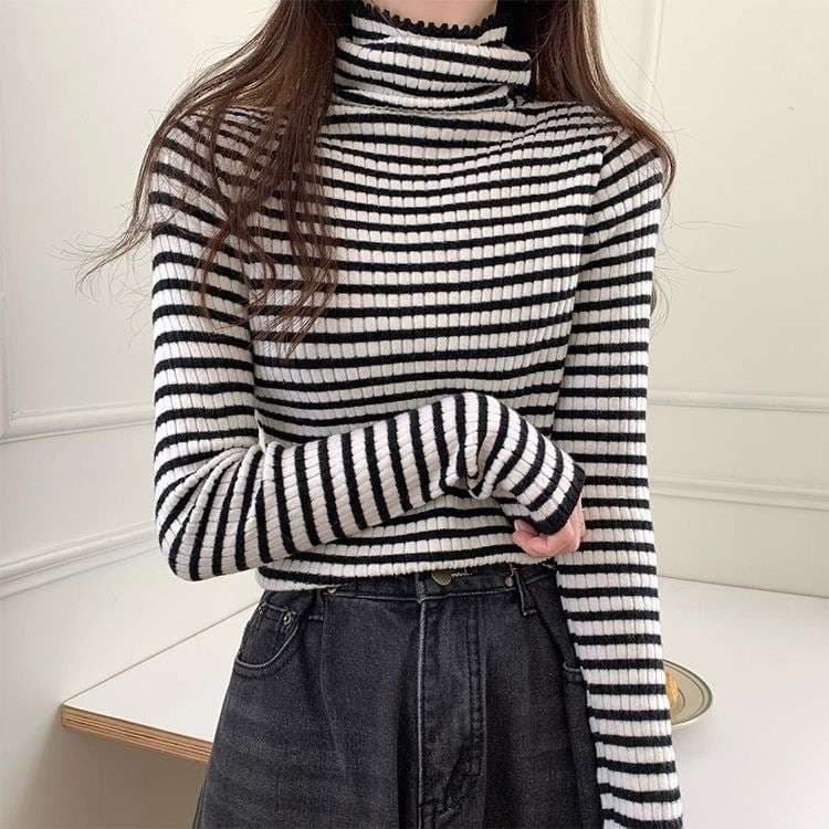 リブニット ボーダー タートルネック トップス ボーダー服