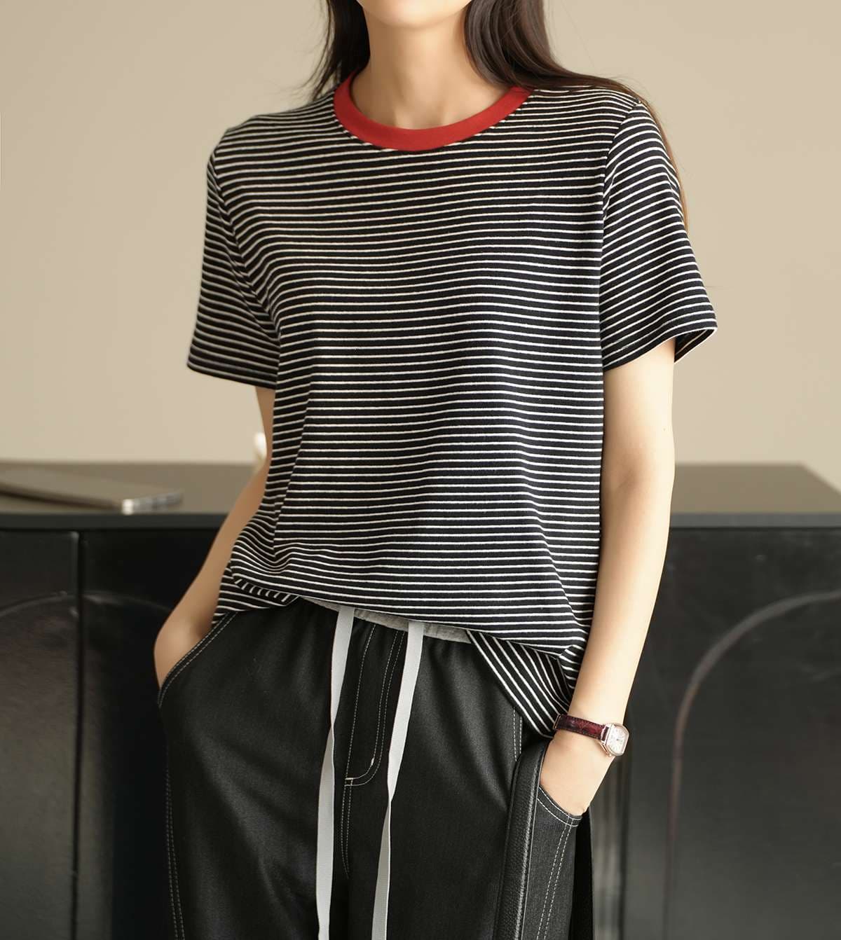 コントラスト襟 ボーダー柄 半袖Tシャツ ボーダー服
