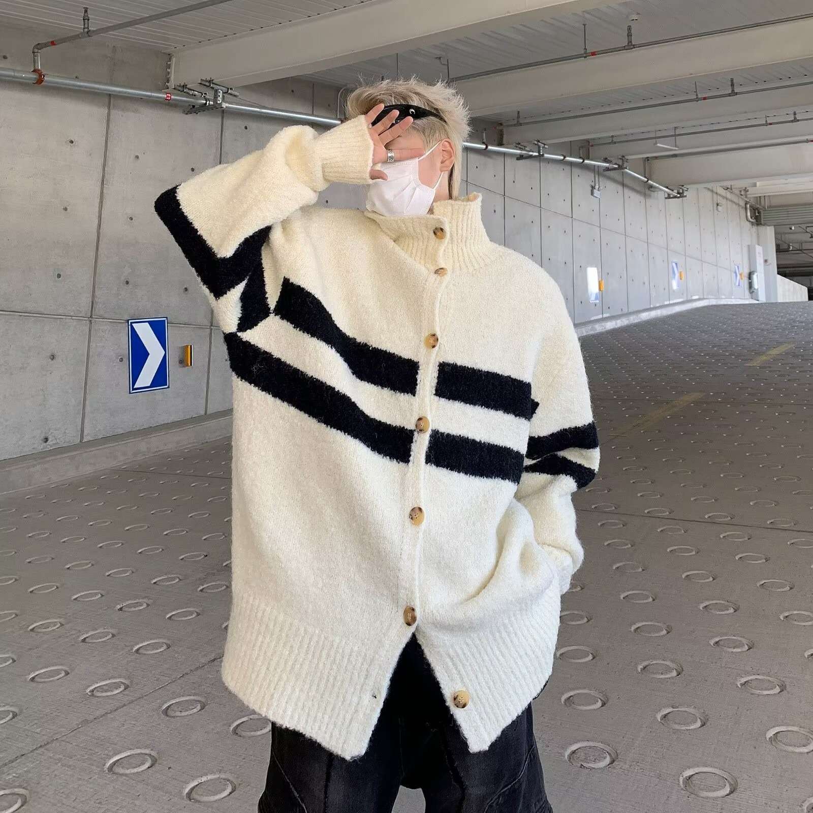 モコモコボーダーニットカーディガン ボーダー服