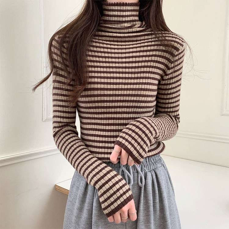 リブニット ボーダー タートルネック トップス ボーダー服