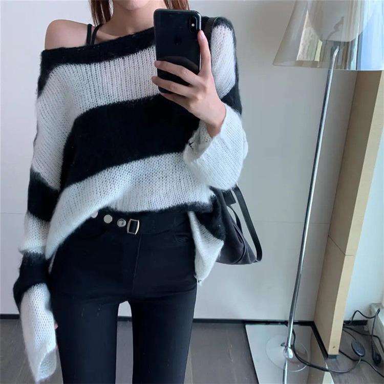 オフショルダーボーダーニットワンピース ボーダー服