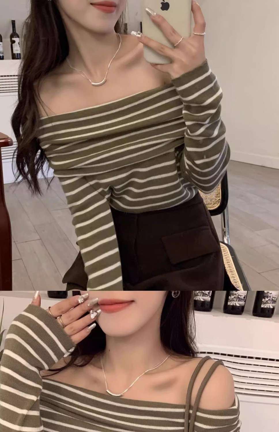 オフショルダーニットボーダーセーター ボーダー服