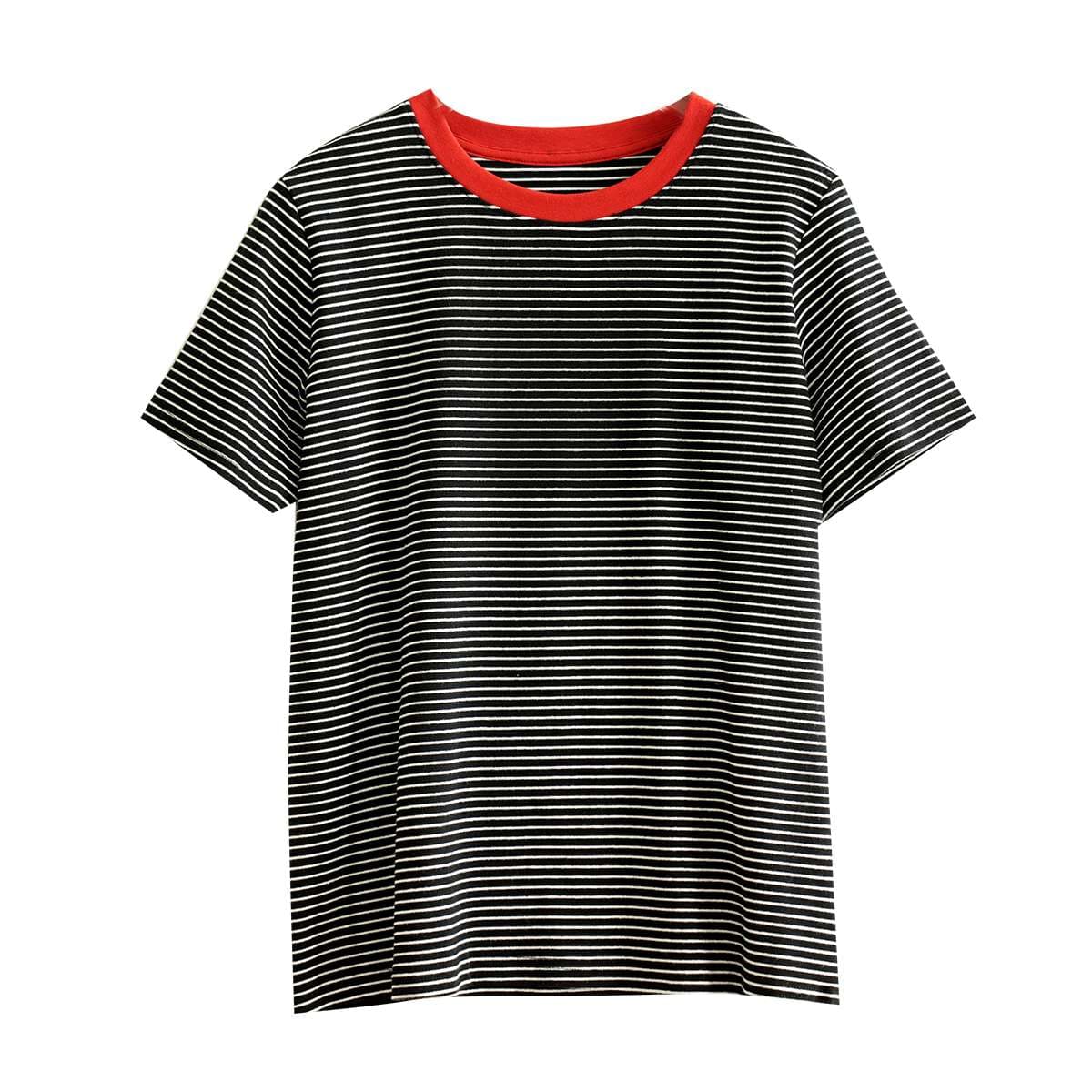 コントラスト襟 ボーダー柄 半袖Tシャツ ボーダー服