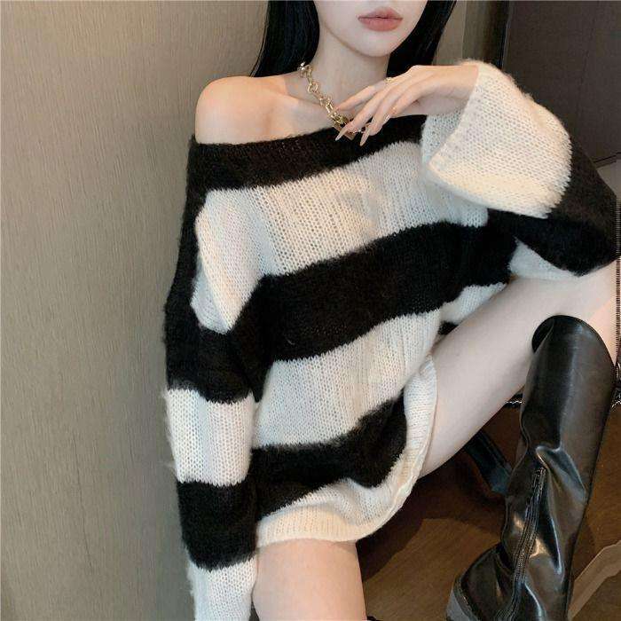オフショルダーボーダーニットワンピース ボーダー服