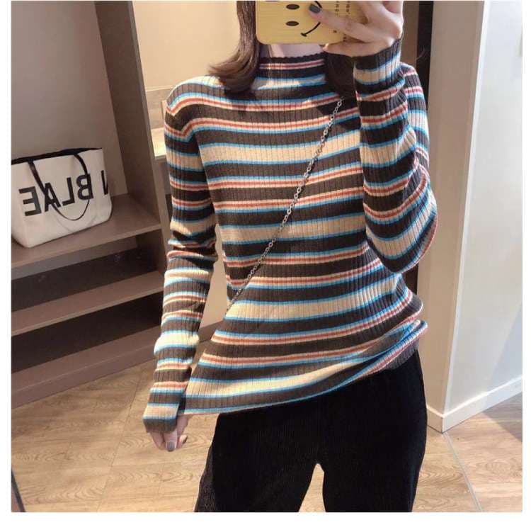 マルチボーダー柄リブニットタートルネック ボーダー服