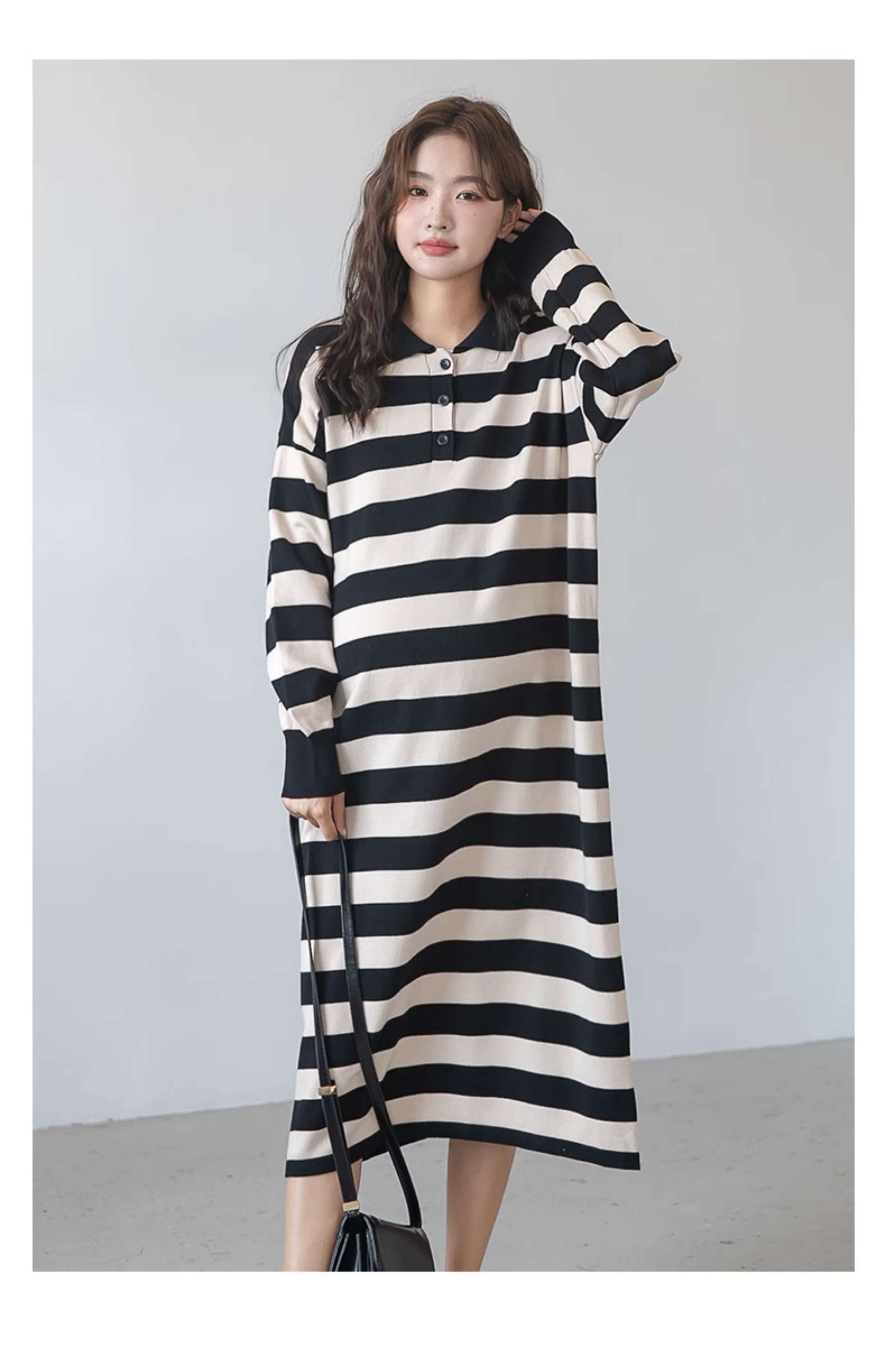 ストライプ柄ポロカラーニットワンピース ボーダー服
