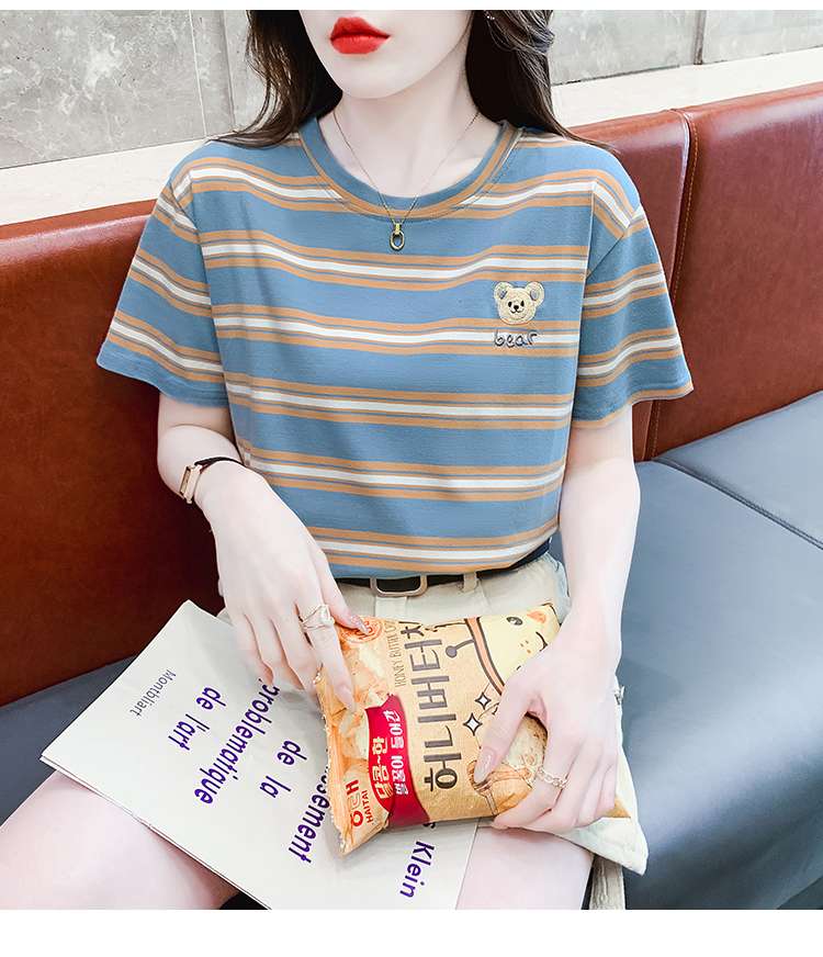 クマ刺繍入りボーダーゆるTシャツ ボーダー服