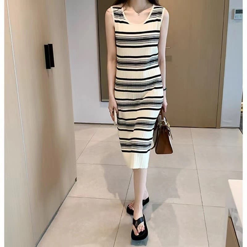 ボーダー服 リブ編みノースリーブボーダーワンピース