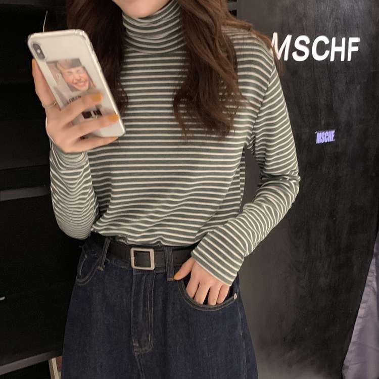 シンプルボーダータートルネック長袖トップス ボーダー服