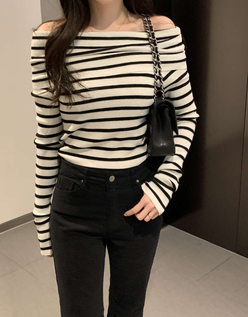 オフショルダー ボーダー リブニット ボーダー服
