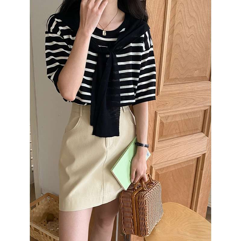 デザインリボン付きボーダーニット ボーダー服