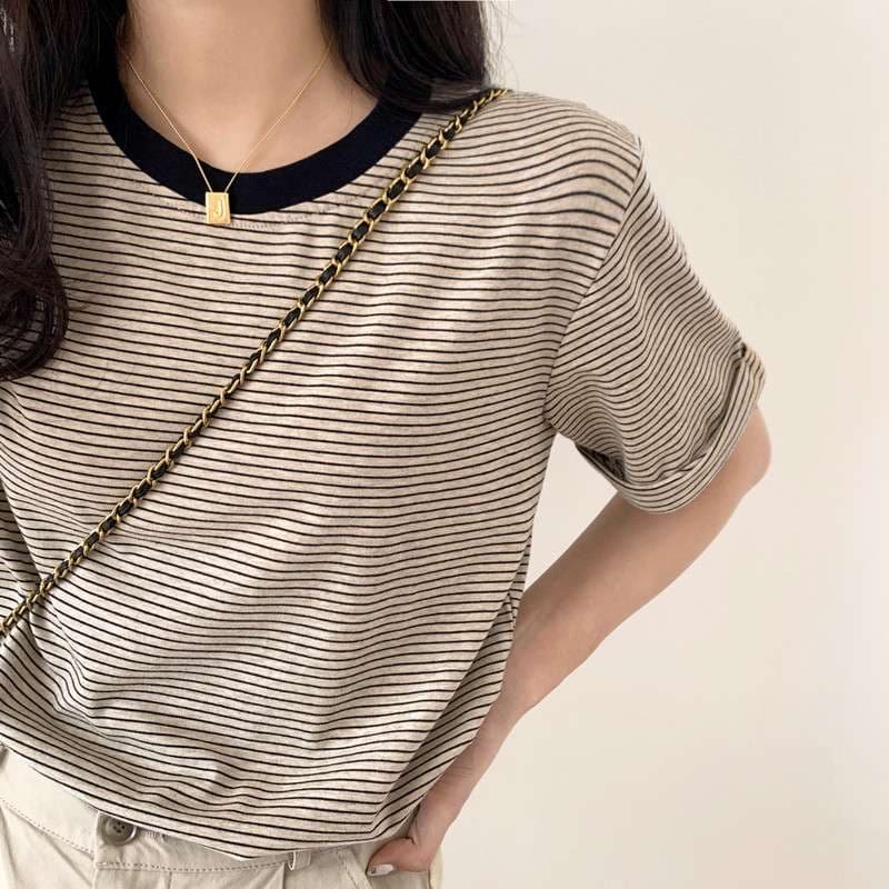 シンプル細ボーダー半袖カットソー ボーダー服