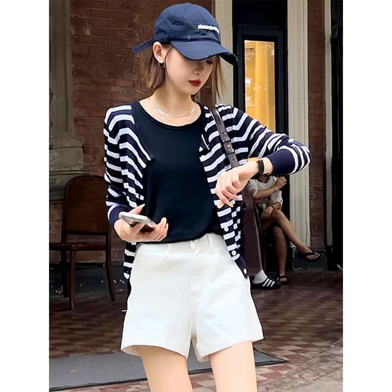 涼やかボーダーニットカーディガン ボーダー服