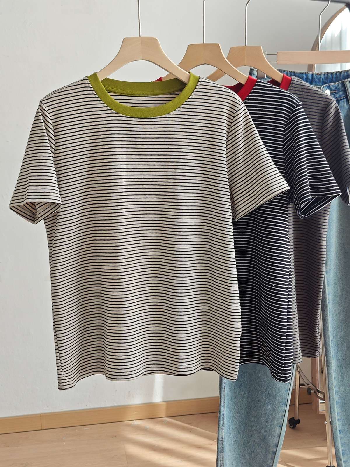コントラスト襟 ボーダー柄 半袖Tシャツ ボーダー服