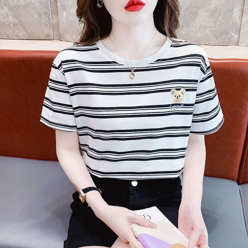 クマ刺繍入りボーダーゆるTシャツ ボーダー服