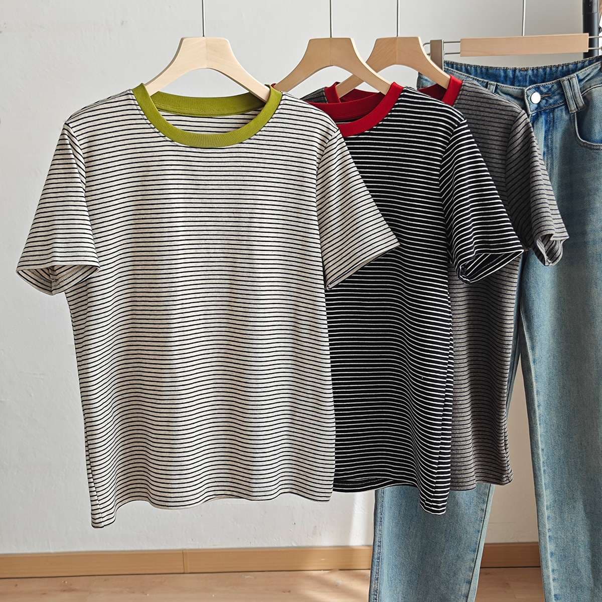 コントラスト襟 ボーダー柄 半袖Tシャツ ボーダー服