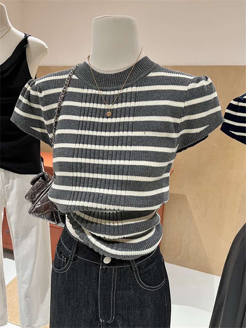 ーダー半袖ニットトップス　Tシャツ・ロンT ボーダー服
