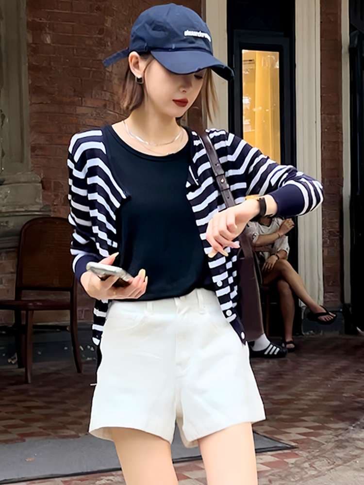 涼やかボーダーニットカーディガン ボーダー服