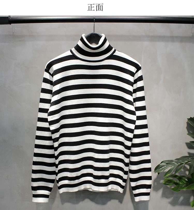 モノトーン太ボーダーのタートルネックセーター ボーダー服