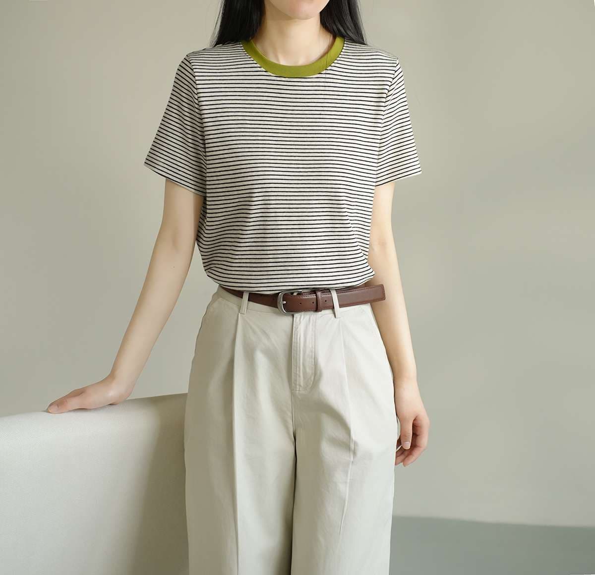 コントラスト襟 ボーダー柄 半袖Tシャツ ボーダー服