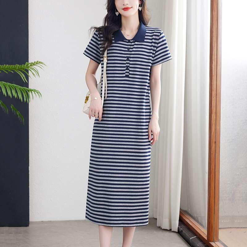 清涼感あふれる襟付きボーダーワンピース ボーダー服