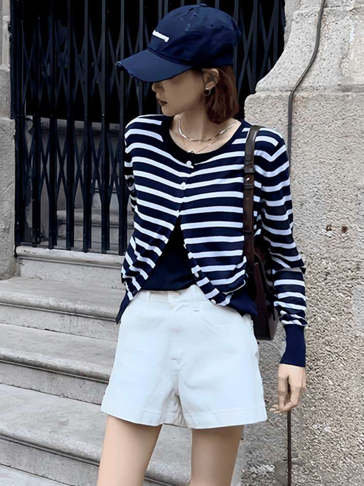 涼やかボーダーニットカーディガン ボーダー服