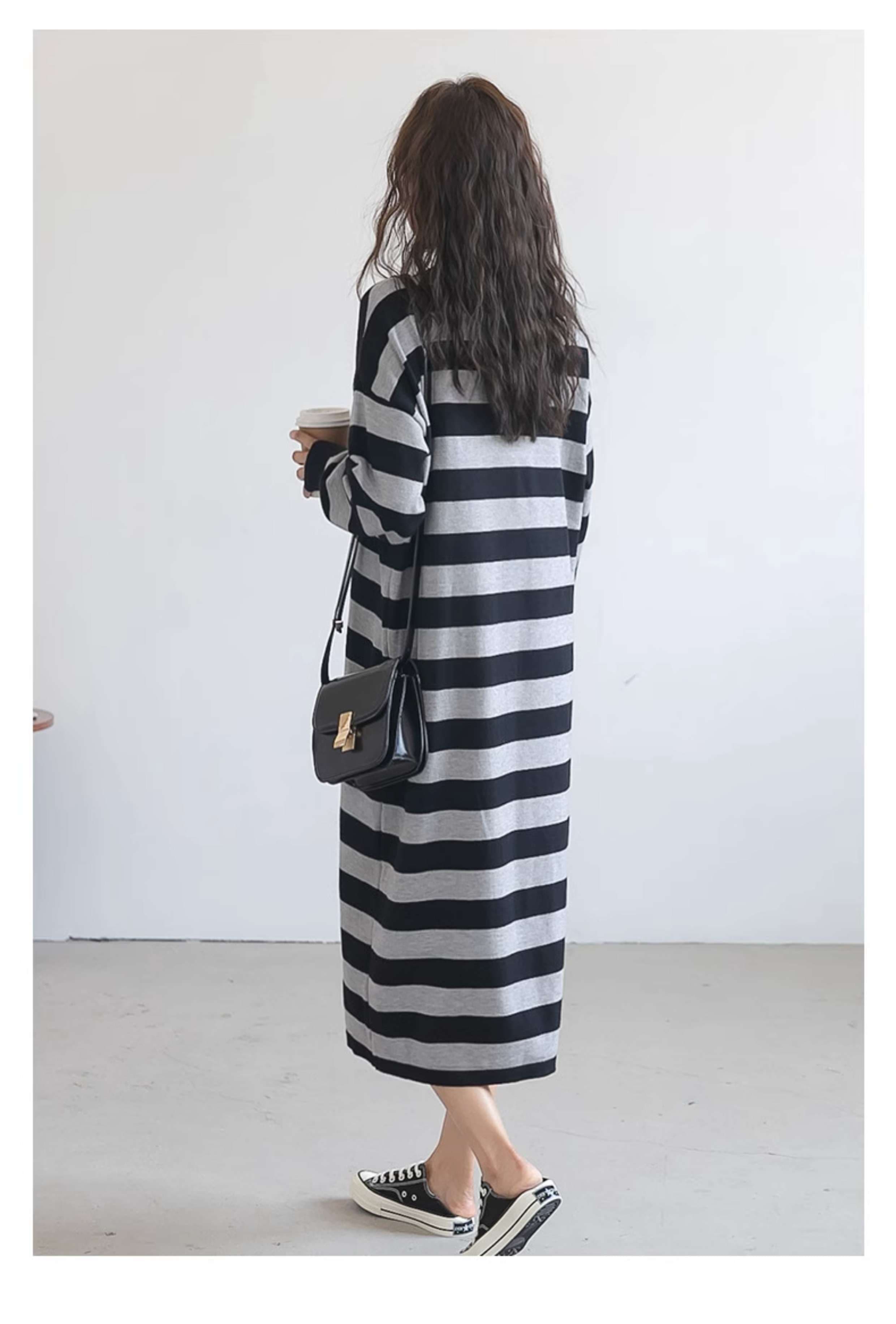 ストライプ柄ポロカラーニットワンピース ボーダー服