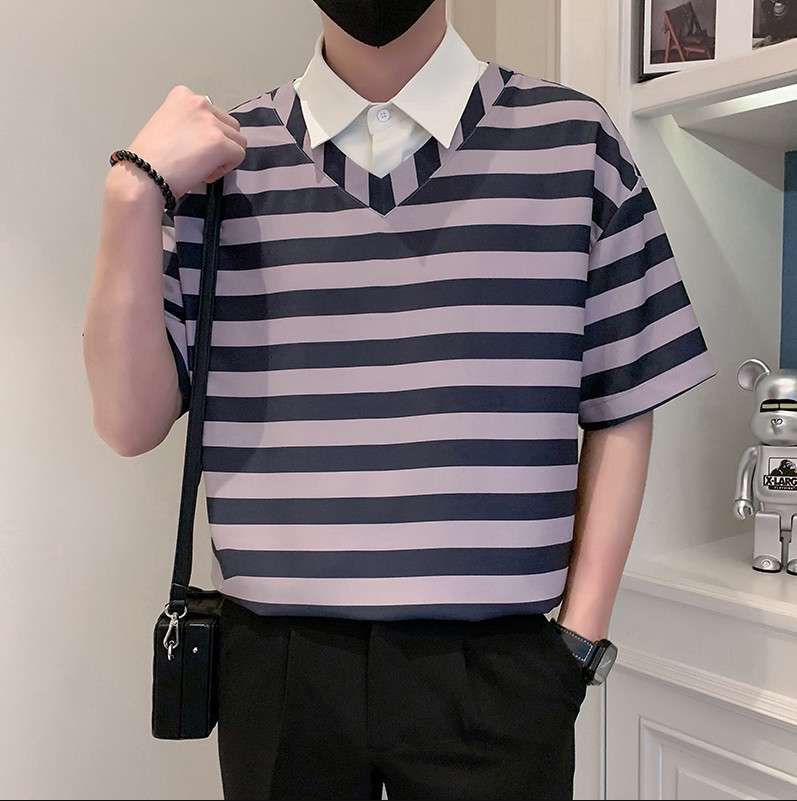 ボーダー柄カレッジ風半袖シャツ ボーダー服