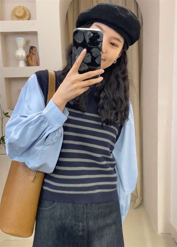 バルーン袖ボーダーニットベストシャツ ボーダー服