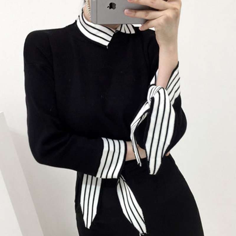 ストライプデザイン リボン袖シャツ ボーダー服
