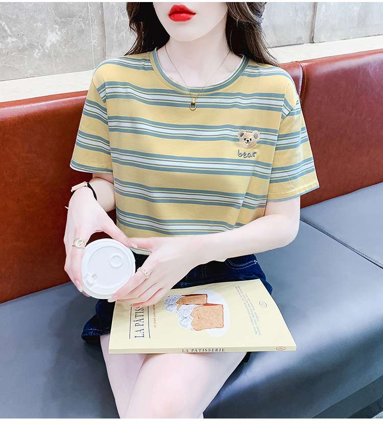 クマ刺繍入りボーダーゆるTシャツ ボーダー服