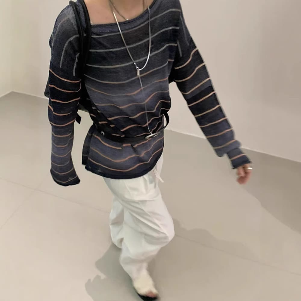 ボーダー服 優美ボーダー薄手長袖ニット