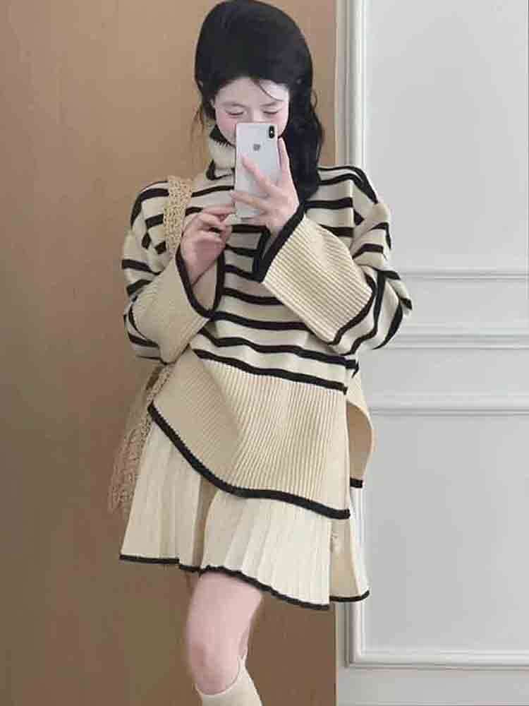 ストライプ柄オーバーサイズニットワンピース ボーダー服