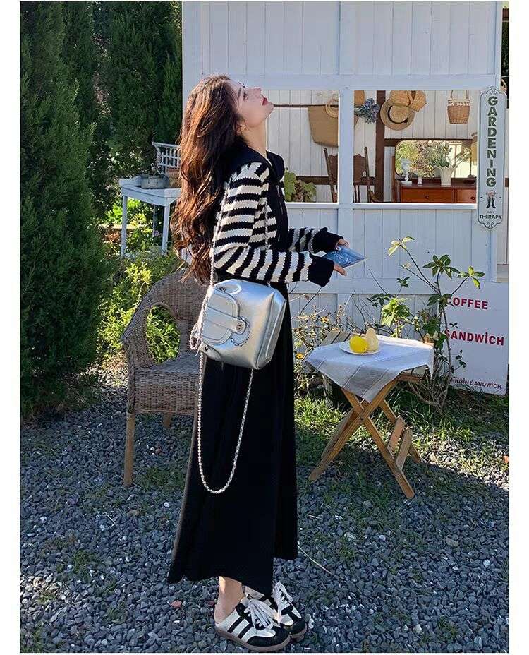 ボーダーニット長袖ジッパーワンピース ボーダー服