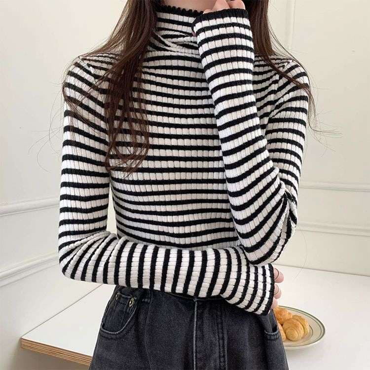 リブニット ボーダー タートルネック トップス ボーダー服