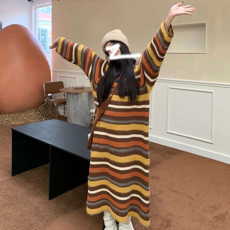秋色ボーダーニットワンピース ボーダー服