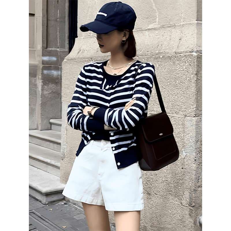 涼やかボーダーニットカーディガン ボーダー服