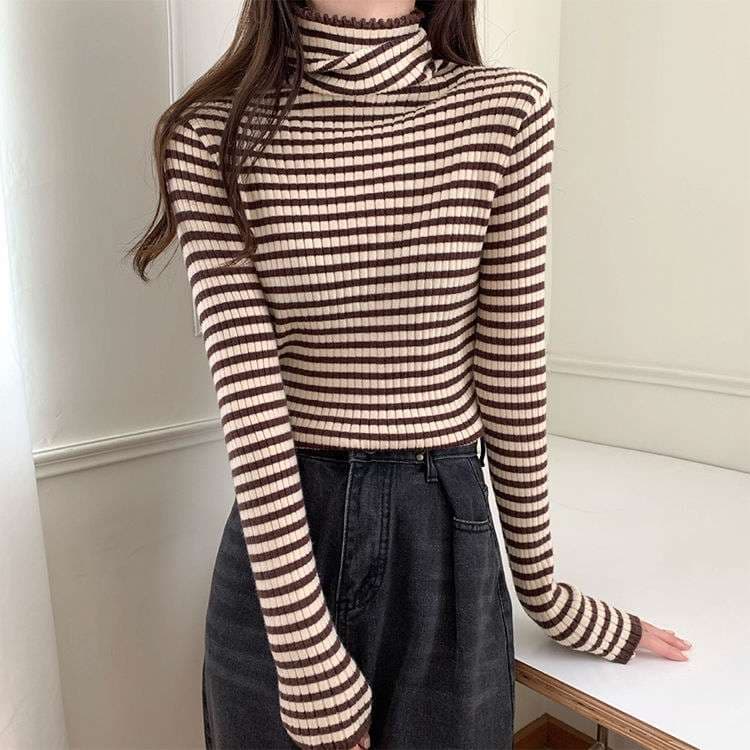 リブニット ボーダー タートルネック トップス ボーダー服