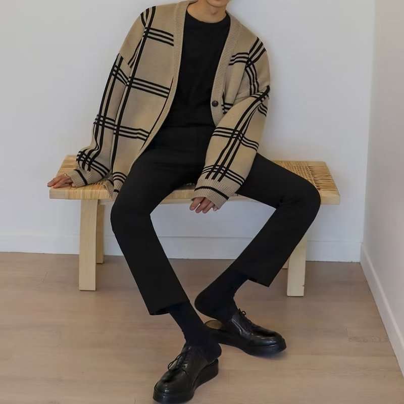 モダンチェック柄オーバーサイズカーディガン ボーダー服
