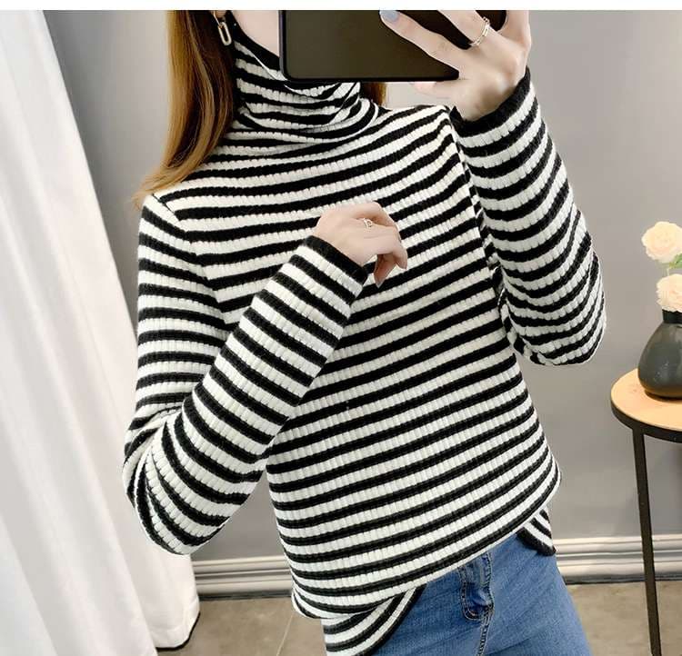 ボーダー柄クロップド丈タートルネックセーター ボーダー服