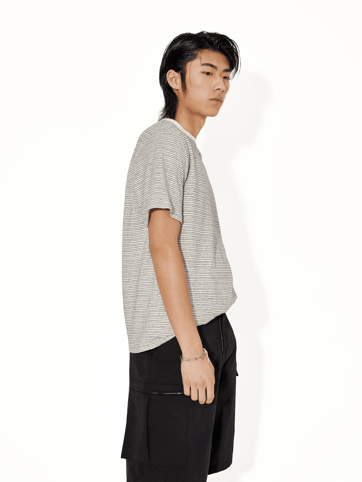 細ボーダー柄サマーニットTシャツ ボーダー服