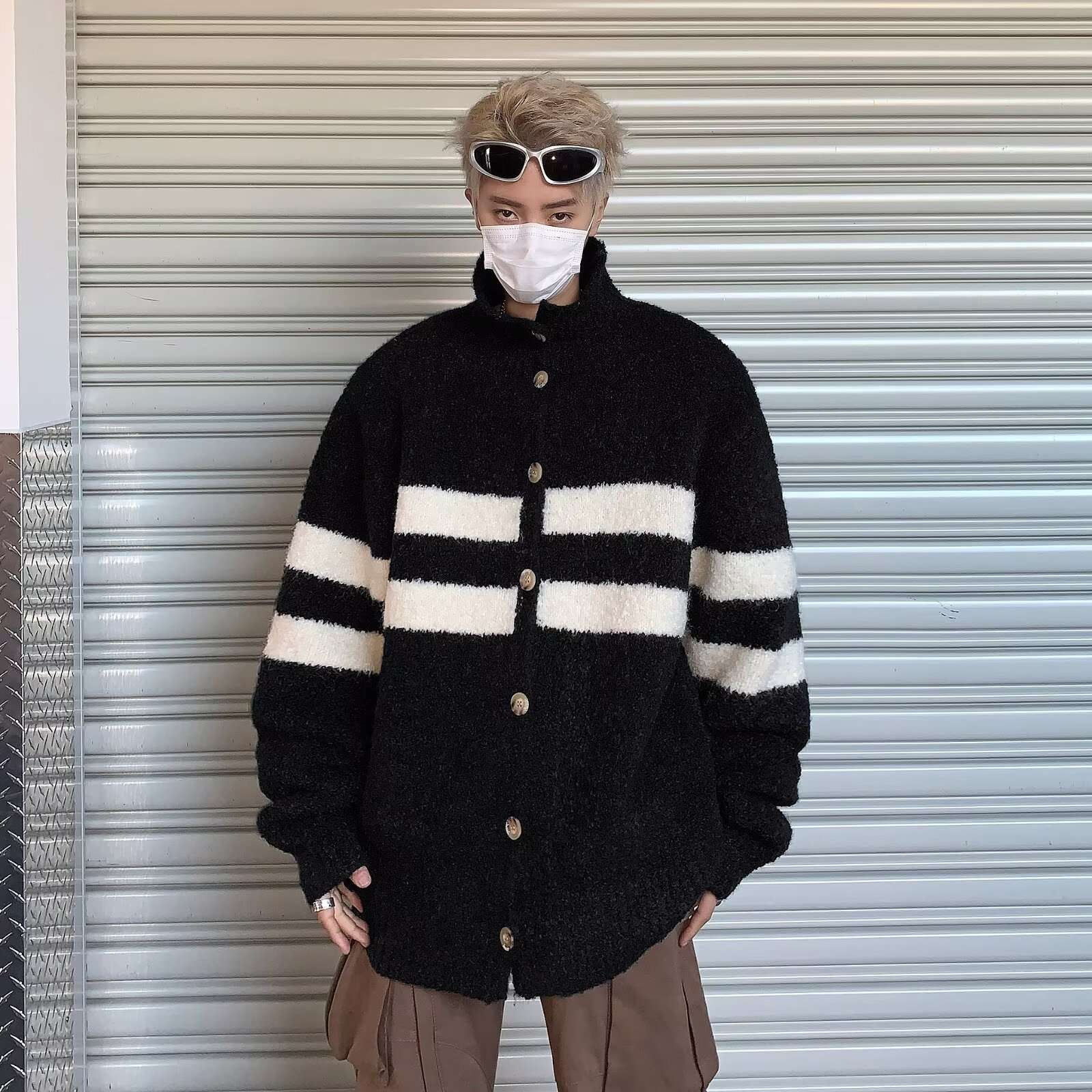 モコモコボーダーニットカーディガン ボーダー服