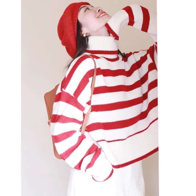 ゆったりボーダー柄タートルニット ボーダー服