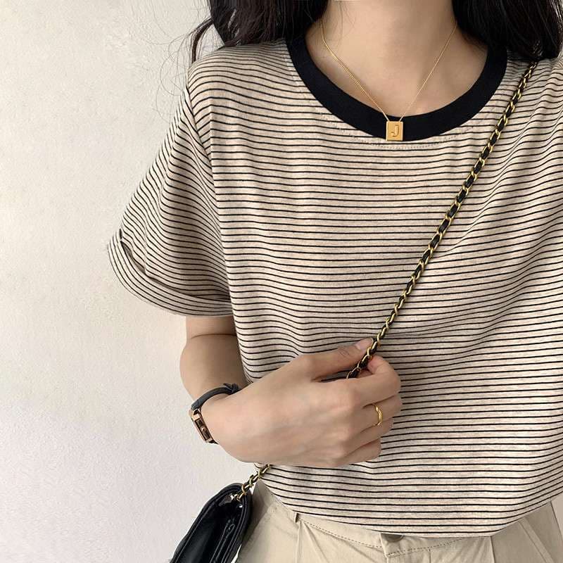 シンプル細ボーダー半袖カットソー ボーダー服