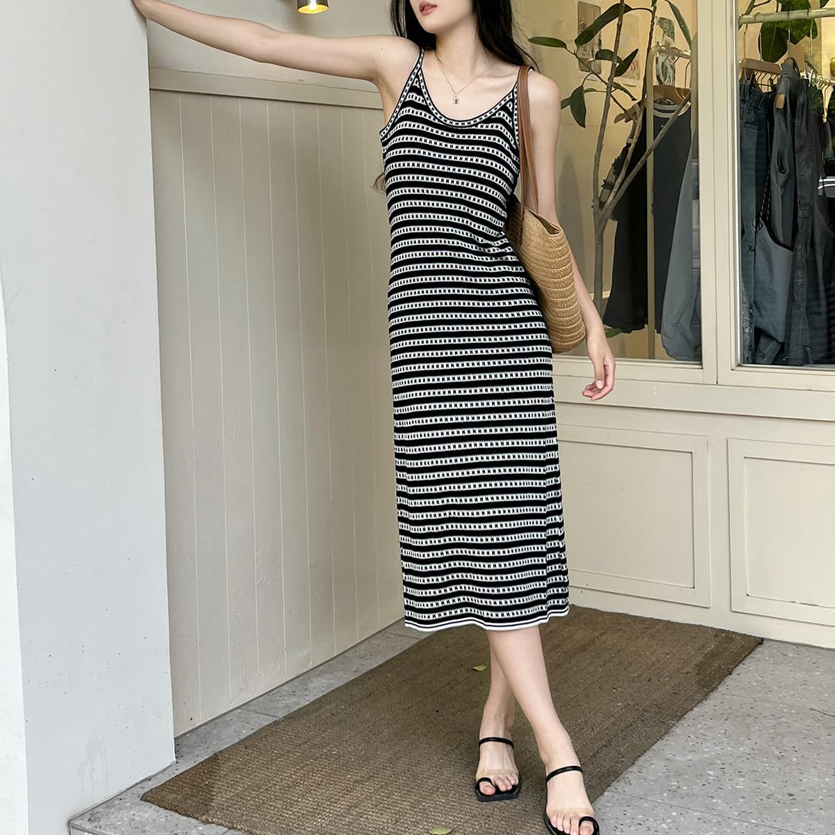 ボーダー服 細やかボーダーキャミワンピース