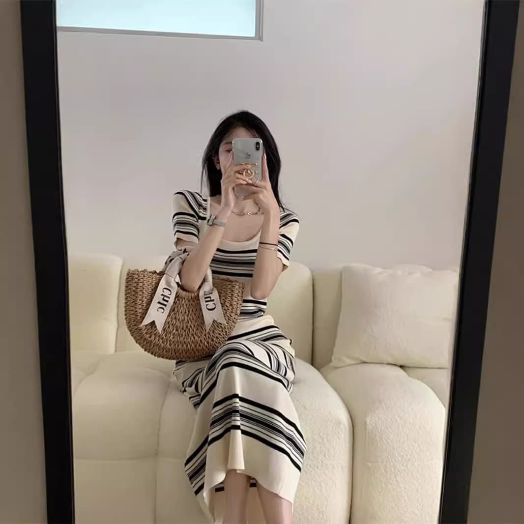 ボーダー服 優美ラインボーダーニットワンピース
